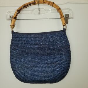 Straw Bag with Bamboo Handle Blue